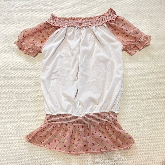 Smocked Off Shoulder Short Sleeve Smocked Waist Lined Blouse Light Pink - Picture 4 of 4